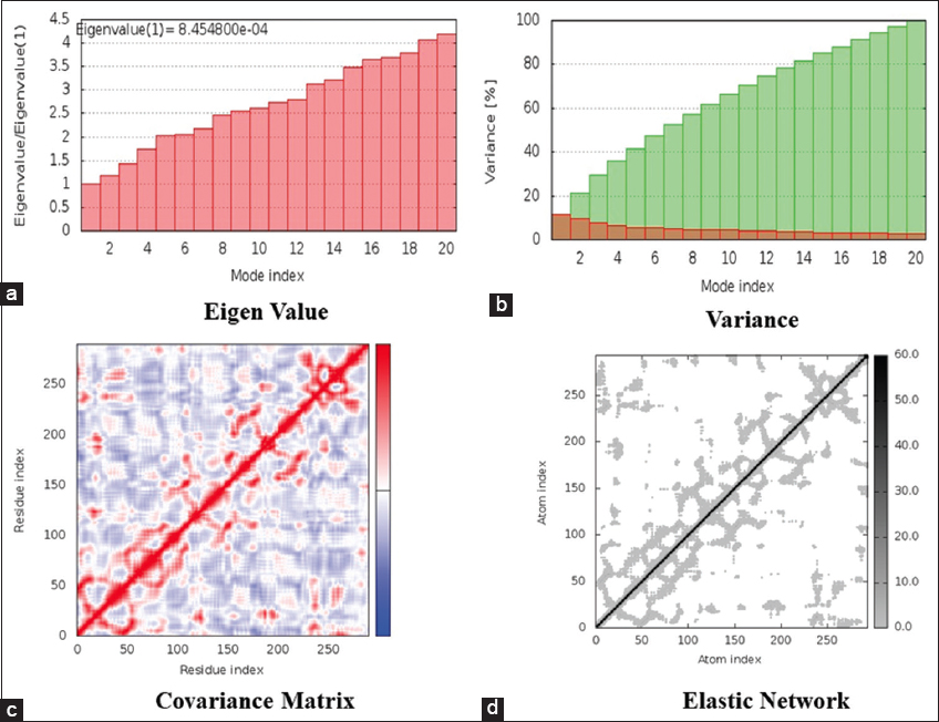 In silico simulation of SWISS-MODEL predicted 3-D structure of RASD2. (a) Eigenvalue (b) Variance (c) Covariance matrix (d) Elastic network