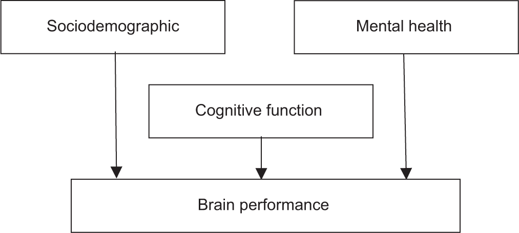 The theoretical model of the influence of cognitive reserve (sociodemographic, cognitive function, and mental health) on brain performance.